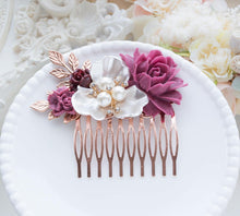 画像をギャラリービューアに読み込む, Plum Burgundy Wedding Rose Gold Bridal Hair Comb White Pearl Crystal Rhinestones Leaf Comb Bridesmaid Gift Bridal Hair Piece Vintage Wedding
