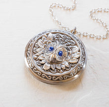 Load image into Gallery viewer, Personalized Silver Owl Locket Necklace, Customized Photo Picture Locket, Blue Sapphire September Birthstone Jewelry, Gift for Daughter
