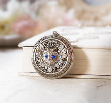 Load image into Gallery viewer, Personalized Silver Owl Locket Necklace, Customized Photo Picture Locket, Blue Sapphire September Birthstone Jewelry, Gift for Daughter
