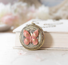 Load image into Gallery viewer, Personalized Butterfly Locket Necklace, Customized Photo Locket, Picture Locket, Coral Verdigris Patina Brass Locket, Gift for mom Wife Her
