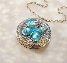 Load image into Gallery viewer, Butterfly Locket Necklace, Personalized Photo Locket, Customized Picture Locket, Turquoise Blue Verdigris Locket,  gift for women Daughter
