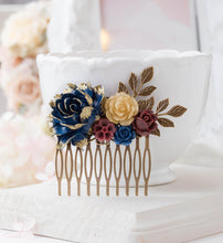 画像をギャラリービューアに読み込む, Navy Blue Gold Burgundy Bridal Hair Comb Fall Autumn Wedding Hair Accessory Antiqued Gold Leave Branches Rustic Vintage Country Chic
