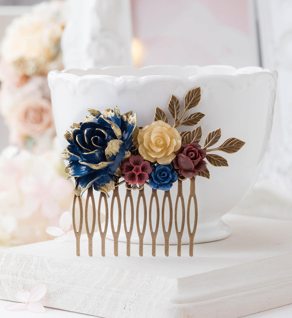 Navy Blue Gold Burgundy Bridal Hair Comb Fall Autumn Wedding Hair Accessory Antiqued Gold Leave Branches Rustic Vintage Country Chic