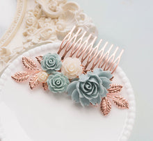 画像をギャラリービューアに読み込む, Powder Blue Rose Gold Hair Comb Something Blue Wedding Bridal Hair Comb Floral Collage Leaf Branch Hair Piece Romantic Vintage Country Chic
