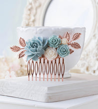 画像をギャラリービューアに読み込む, Powder Blue Rose Gold Hair Comb Something Blue Wedding Bridal Hair Comb Floral Collage Leaf Branch Hair Piece Romantic Vintage Country Chic
