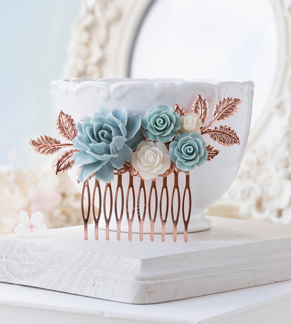 Powder Blue Rose Gold Hair Comb Something Blue Wedding Bridal Hair Comb Floral Collage Leaf Branch Hair Piece Romantic Vintage Country Chic