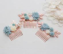 Load image into Gallery viewer, Rose Gold Bridal Comb Powder Blue Wedding Hair Accessory Something Blue Hairpiece Romantic Vintage Country Garden Wedding Rose Floral Leaf
