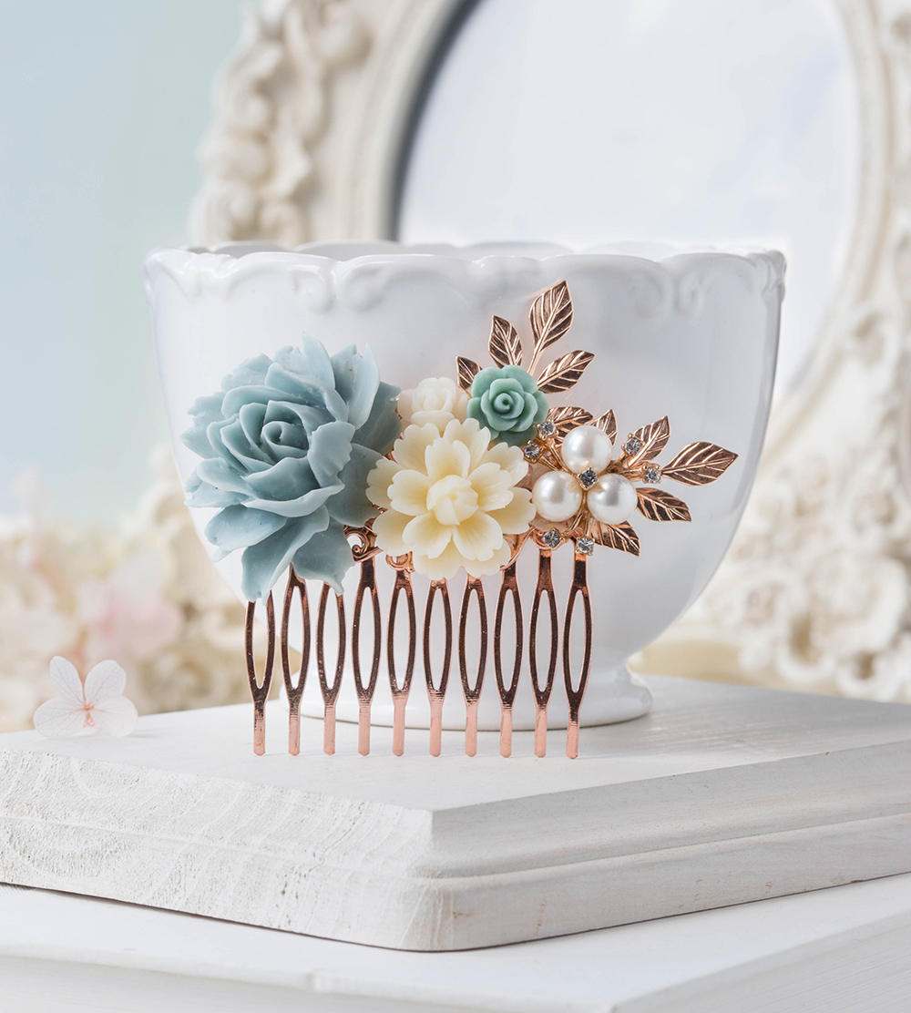 Rose Gold Hair Comb Powder Blue Ivory Bridal Hair Comb Something Blue Wedding Hair Piece Floral Collage Leaf Branch Pearl Rhinestone Comb