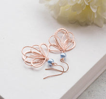 Load image into Gallery viewer, Rose Gold Earrings, Powder Blue Pearl Bridal Earrings, Wedding Jewelry, Rose Gold Jewelry, Bridesmaid Gift, Gift for Her, Something Blue
