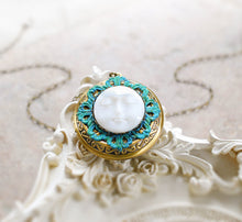 Load image into Gallery viewer, Moon Face Locket Necklace, Personalized Photo Locket, Antique Gold Turquoise Blue Verdigris Round Picture Locket, Mothers day gift for mom
