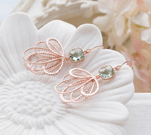 Load image into Gallery viewer, Rose Gold Fan Shape Filigree Erinite Blue Crystal Earrings
