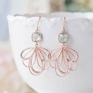 rose gold fan shape filigree erinite blue earrings