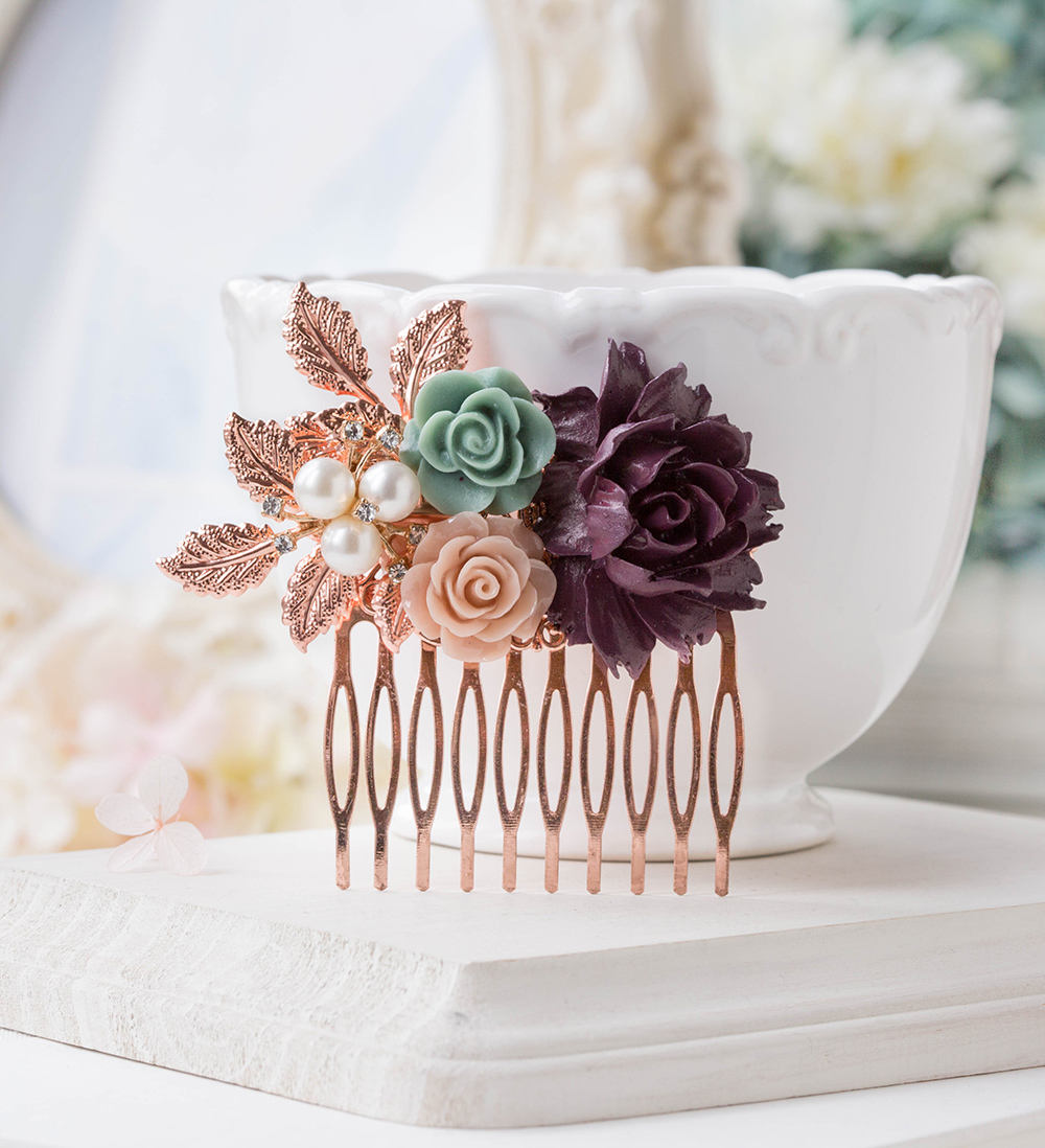 Plum Deep Purple Dusty Blue Dusty Pink Flower Hair Comb, Fall Winter Wedding Hair Accessory, Rose Gold Bridal Hair Comb, Leaf Rose Hair Comb