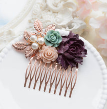 画像をギャラリービューアに読み込む, Plum Deep Purple Dusty Blue Dusty Pink Flower Hair Comb, Fall Winter Wedding Hair Accessory, Rose Gold Bridal Hair Comb, Leaf Rose Hair Comb
