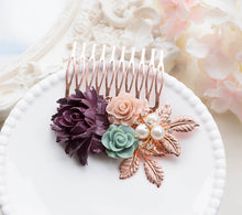 画像をギャラリービューアに読み込む, Plum Deep Purple Dusty Blue Dusty Pink Flower Hair Comb, Fall Winter Wedding Hair Accessory, Rose Gold Bridal Hair Comb, Leaf Rose Hair Comb
