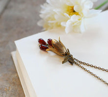 Load image into Gallery viewer, Hummingbird Necklace, Brass Tulip, Garnet Ruby Red, Humming Bird Jewelry, January July Birthday Gift, Birthstone Jewelry, Christmas Gift
