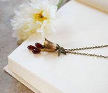 Load image into Gallery viewer, Hummingbird Necklace, Brass Tulip, Garnet Ruby Red, Humming Bird Jewelry, January July Birthday Gift, Birthstone Jewelry, Christmas Gift
