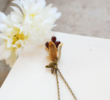 Load image into Gallery viewer, Hummingbird Necklace, Brass Tulip, Garnet Ruby Red, Humming Bird Jewelry, January July Birthday Gift, Birthstone Jewelry, Christmas Gift
