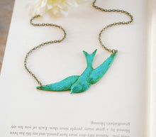 Load image into Gallery viewer, Bird Necklace, Turquoise Blue Verdigris Brass Swallow Bird, Bird Jewelry, Boho Necklace, Bohemian Vintage Style, Christmas Gift Idea
