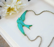 Load image into Gallery viewer, Bird Necklace, Turquoise Blue Verdigris Brass Swallow Bird, Bird Jewelry, Boho Necklace, Bohemian Vintage Style, Christmas Gift Idea
