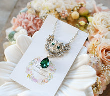 Load image into Gallery viewer, Owl Necklace, May Birthstone Necklace, Owl Jewelry, Silver Plated Brass Owl, Emerald Green Necklace, Birthstone Jewelry, Gift for daughter
