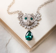 Load image into Gallery viewer, Owl Necklace, May Birthstone Necklace, Owl Jewelry, Silver Plated Brass Owl, Emerald Green Necklace, Birthstone Jewelry, Gift for daughter
