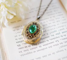 Load image into Gallery viewer, Emerald Green Vintage Jewel Photo Locket Necklace, Antique Gold Oval Floral Locket Pendant, May Birthstone Birthday Gift, Photo Locket
