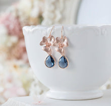 Load image into Gallery viewer, Navy Blue Earrings, Rose Gold Flower Dangle Earrings, September Birthstone Jewelry, Navy Wedding Bridesmaid Gift, Birthday Gift for women
