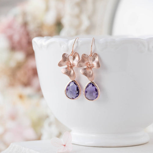 Rose gold flower purple teardrop crystal earrings