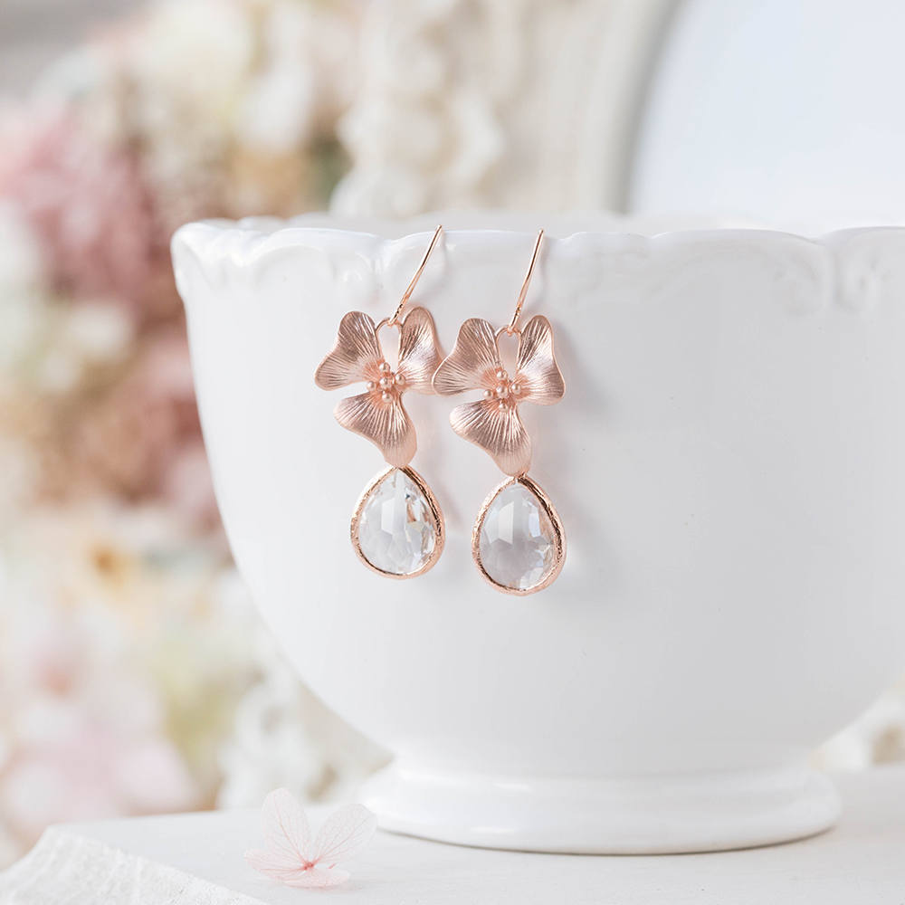 Clear Crystal Earrings, Rose Gold Earrings, Orchid Flower Floral Dangles, Wedding Bridal Jewelry, Bridesmaid Earrings, Maid of Honor Gift