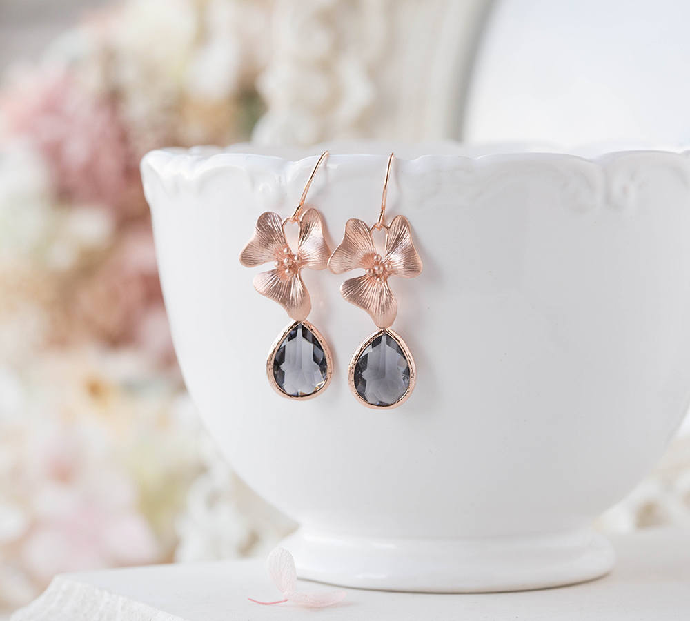 Rose Gold Gray Teardrop Glass Dangle Earrings, Rose Gold Jewelry, Flower Dangles, Gift for mom wife girlfriend, Christmas Gift for her