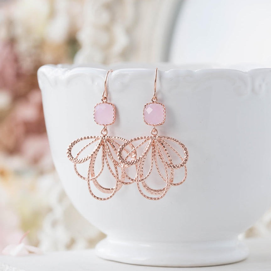 Pink Crystal Rose Gold Filigree Dangle Earrings