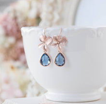 Load image into Gallery viewer, Navy Blue Earrings, Rose Gold Earrings, Orchid Flower Earrings, Sapphire September Birthstone, Navy Wedding Bridal Jewelry, Bridesmaid Gift
