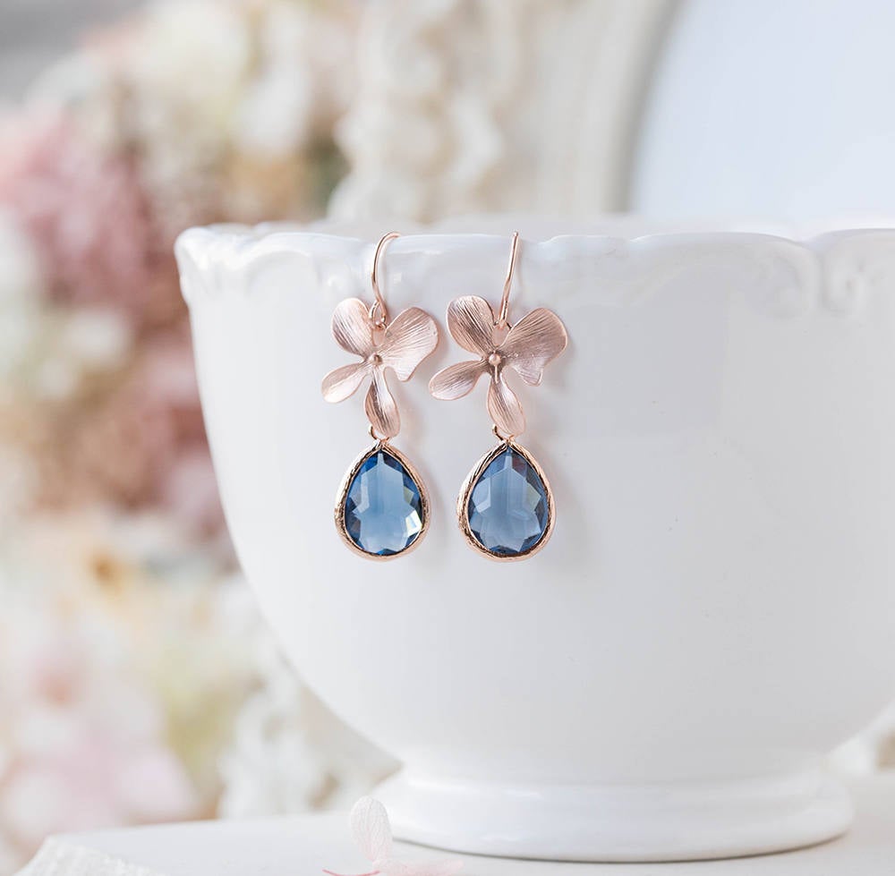 Navy Blue Earrings, Rose Gold Earrings, Orchid Flower Earrings, Sapphire September Birthstone, Navy Wedding Bridal Jewelry, Bridesmaid Gift