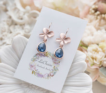 Load image into Gallery viewer, Navy Blue Earrings, Rose Gold Earrings, Orchid Flower Earrings, Sapphire September Birthstone, Navy Wedding Bridal Jewelry, Bridesmaid Gift
