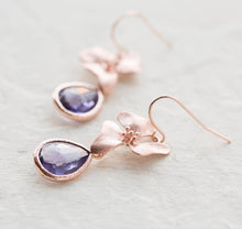 Load image into Gallery viewer, Purple Crystal Rose Gold Orchid Flower Earrings
