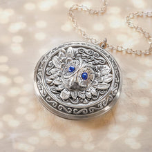 Load image into Gallery viewer, Personalized Silver Owl Locket Necklace, Customized Photo Picture Locket, Blue Sapphire September Birthstone Jewelry, Gift for Daughter
