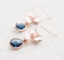 Load image into Gallery viewer, Navy Blue Earrings, Rose Gold Flower Dangle Earrings, September Birthstone Jewelry, Navy Wedding Bridesmaid Gift, Birthday Gift for women
