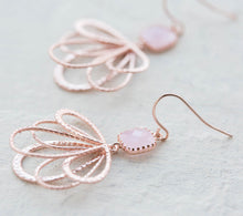 Load image into Gallery viewer, Pink Crystal Rose Gold Filigree Dangle Earrings
