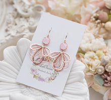 Load image into Gallery viewer, Pink Crystal Rose Gold Filigree Dangle Earrings
