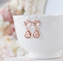 Load image into Gallery viewer, Peach Earrings, Rose Gold Earrings, Orchid Flower Earrings, Blush Peach Wedding Jewelry, Bridesmaid Gift, Gift for her, Jewelry for women
