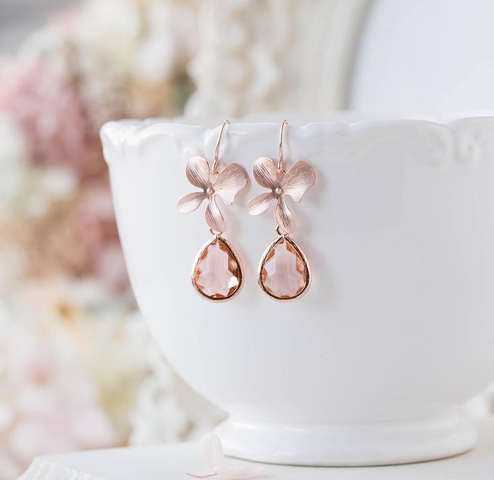 Peach Earrings, Rose Gold Earrings, Orchid Flower Earrings, Blush Peach Wedding Jewelry, Bridesmaid Gift, Gift for her, Jewelry for women