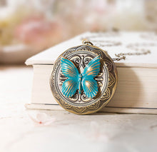 Load image into Gallery viewer, Butterfly Locket Necklace, Personalized Photo Locket, Customized Picture Locket, Turquoise Blue Verdigris Locket,  gift for women Daughter
