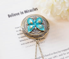 Load image into Gallery viewer, Butterfly Locket Necklace, Personalized Photo Locket, Customized Picture Locket, Turquoise Blue Verdigris Locket,  gift for women Daughter
