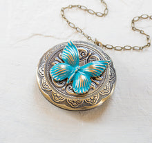 Load image into Gallery viewer, Butterfly Locket Necklace, Personalized Photo Locket, Customized Picture Locket, Turquoise Blue Verdigris Locket,  gift for women Daughter
