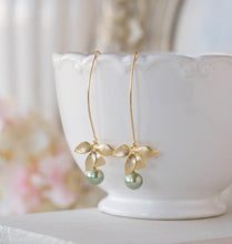 Load image into Gallery viewer, Sage Green Pearl Gold Orchid Flower Earrings, Olive Green Sage Wedding Bridal Earrings, Bridesmaid Earrings, Gift for Her, Gift for Women
