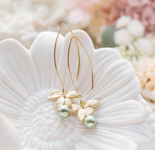 Load image into Gallery viewer, Sage Green Pearl Dangle Earrings Gold Orchid Flower Earrings Green Drop Earrings Sage Green Wedding Earrings Bridal Jewelry Bridesmaid  Gift
