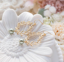 Load image into Gallery viewer, Gold laurel wreath Sage Green Pearl Earrings Sage Green Wedding chandelier Earrings Bridal Earrings Bridal Party Bridesmaid Gift
