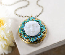 Load image into Gallery viewer, Moon Face Locket Necklace, Personalized Photo Locket, Antique Gold Turquoise Blue Verdigris Round Picture Locket, Mothers day gift for mom
