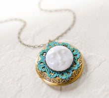 Load image into Gallery viewer, Moon Face Locket Necklace, Personalized Photo Locket, Antique Gold Turquoise Blue Verdigris Round Picture Locket, Mothers day gift for mom
